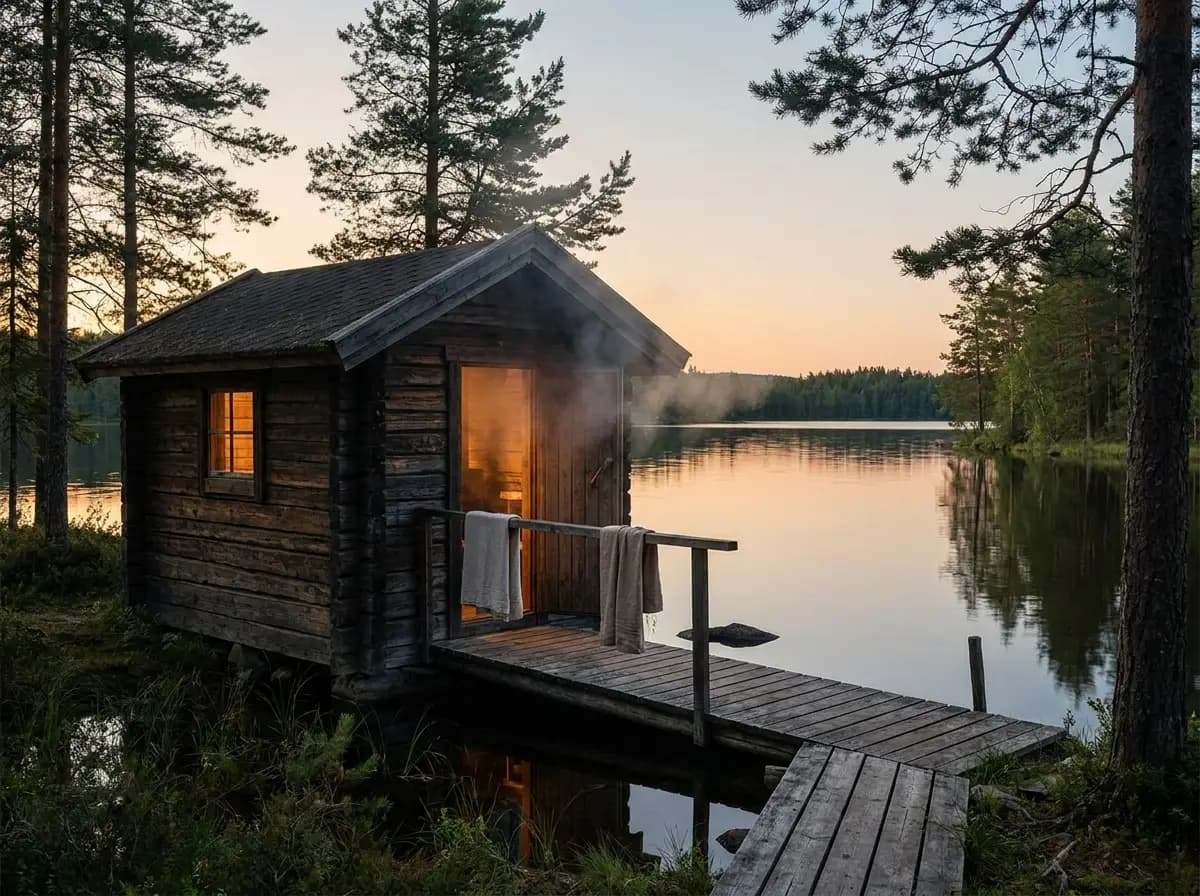 Vedeldad bastu vid bryggan